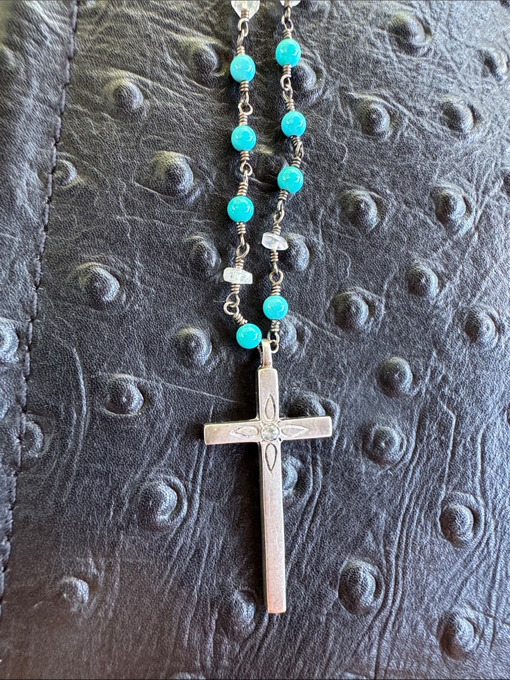 Me & Ro Sterling Silver Turquoise & Quartz Rosary Cross Necklace - 17"